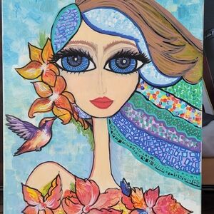 Vibrant Abstract Woman and Hummingbird Painting